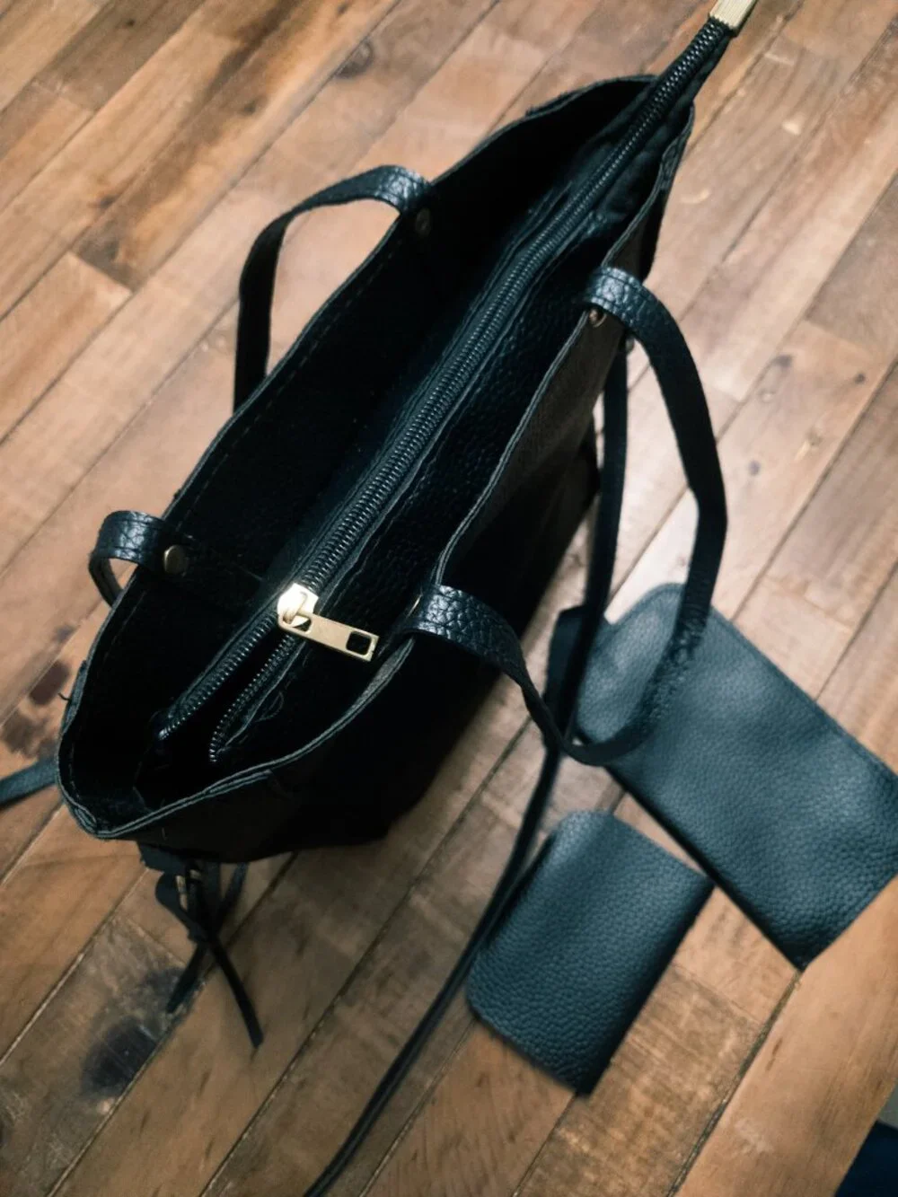 Jingpin 3pc Bag Set Black Pebbled Faux Leather Tote Matching Wallets‎